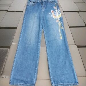 Romwe Women's Butterfly Embroidery Light Blue Wide Leg Jeans Size M